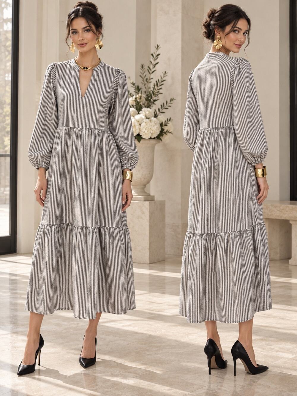 A New Day Size S Charcoal Striped Tiered Midi Dress Cotton Modal Balloon Sleeves